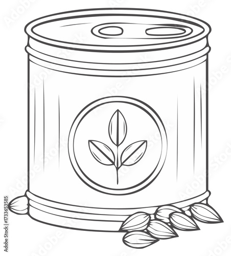 Outline drawing of a plant based food can with a leaf logo and almonds for healthy eating concepts