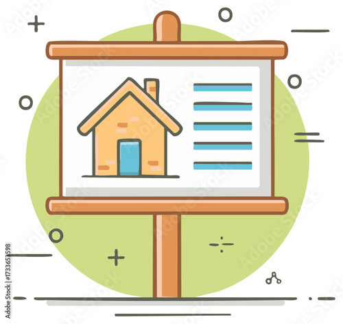 Illustrated real estate sign with house icon presenting property information for sale or rent, depicted in a stylized design, minimal style.