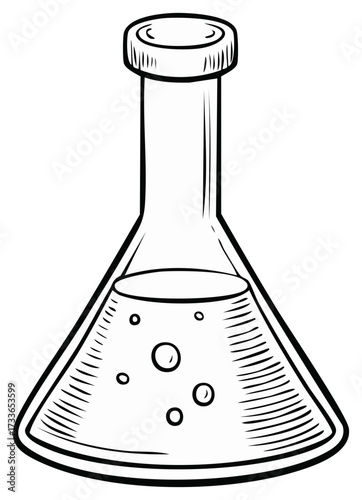 Hand drawn bubbling liquid in a science laboratory flask with stopper