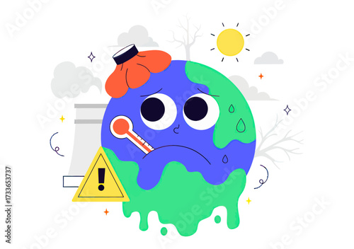 Worried Earth character with thermometer and ice pack shows planet's fever, melting and dripping, representing climate change crisis and environmental warning