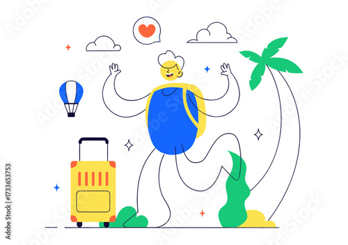 Joyful traveler embraces adventure with luggage and hot air balloon, dreaming of exciting journeys and tropical destinations