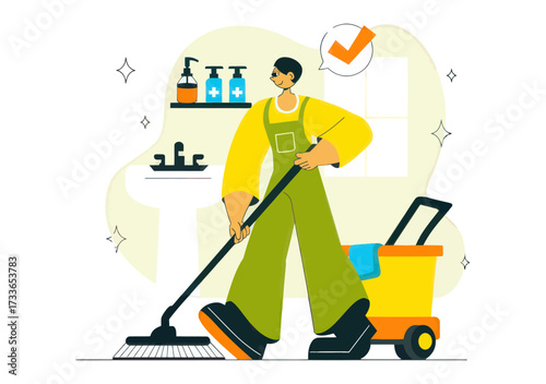 Professional cleaner diligently sweeping a modern bathroom, ensuring a spotless and hygienic environment for ultimate customer satisfaction and peace of mind.