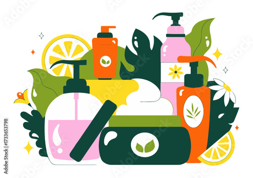 Vibrant collection of natural skincare products and botanicals, perfect for beauty advertising and healthy lifestyle branding