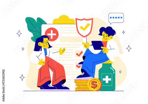 Healthcare professionals discussing patient care and insurance coverage with financial planning and medical advice for a healthier future