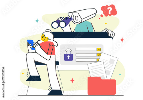 Dynamic cybersecurity concept showing secure login, data protection, and user surveillance with a watchful eye and digital tools for a safe online experience