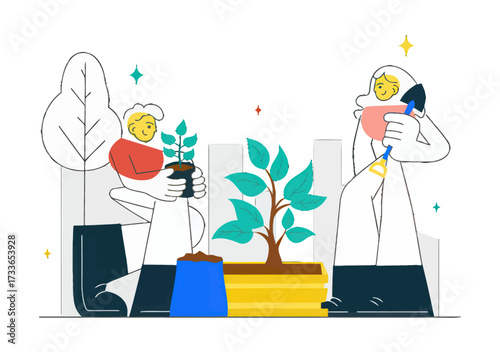 Joyful individuals nurturing plants and fostering growth together, symbolizing new beginnings and a vibrant future in a modern, optimistic setting.