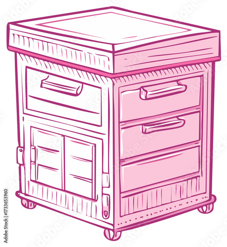 Hand drawn cartoon illustration of a pink plastic storage cabinet with drawers and wheels