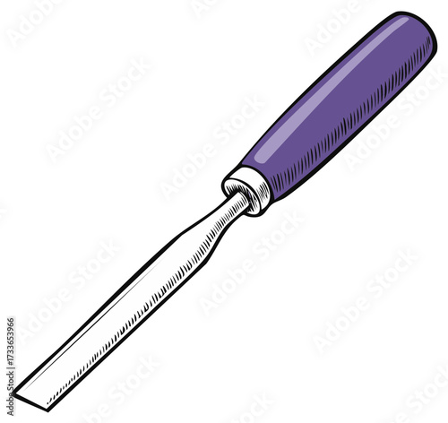 Simple hand drawn illustration of a woodworking chisel with a purple handle