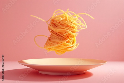 Floating spaghetti pasta above plate on pink background, surreal food concept artwork symbolizing creativity, imagination, culinary art, modern design and playful lifestyle