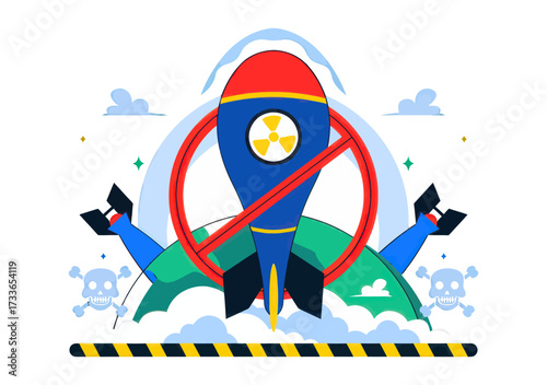 Stop nuclear weapons and bombs featuring a rocket with prohibition sign and skulls, advocating for global peace and disarmament in a stylized design