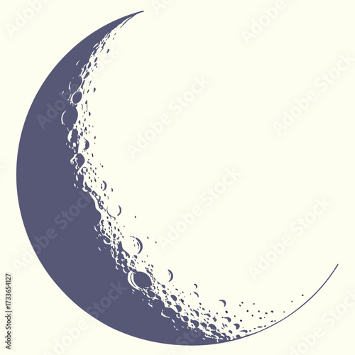 Detailed crescent moon with craters on a light background
