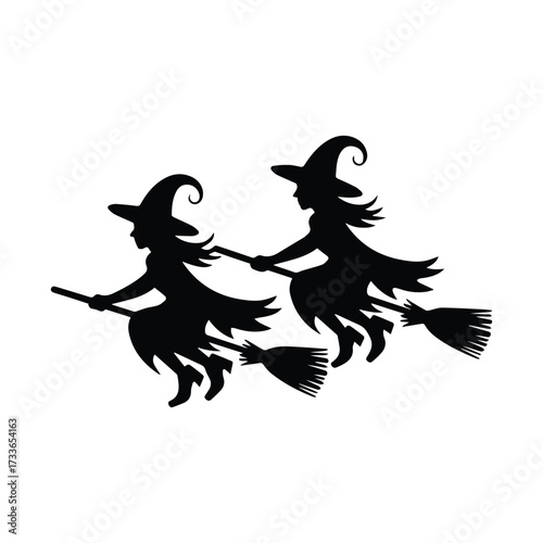 Two silhouetted witches flying together on brooms against a for halloween celebrations silhouette