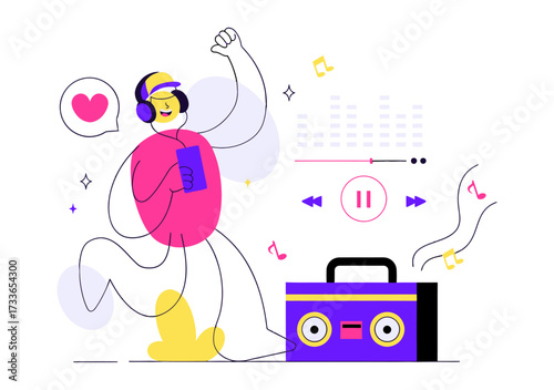 Joyful character with headphones dancing to music from a retro boombox, surrounded by vibrant sound wave equalizer and musical notes, celebrating the pure joy of sound and rhythm