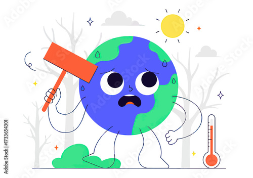 Worried Earth character with a sledgehammer, sweating under a hot sun, symbolizing environmental crisis and climate change distress, urging action now.