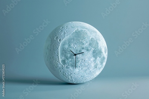 Creative clock designed as realistic full moon face on blue background, surreal artwork concept symbolizing time, night, astronomy, mystery, imagination and lifestyle