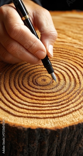 Writing on wood; fountain pen held by hand above tree rings