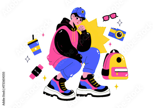Vibrant young person in stylish streetwear with backpack and camera, embodying modern youth culture and creative expression with a playful, energetic vibe perfect for lifestyle and social media campai