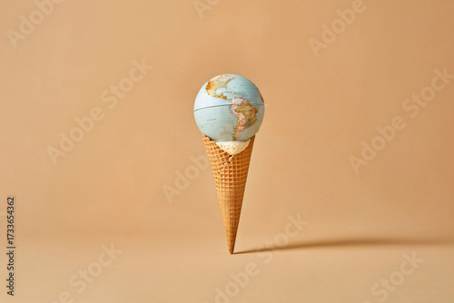 Creative surreal concept of globe shaped like ice cream scoop on waffle cone, minimal artwork symbolizing environment, global warming, sustainability and imagination