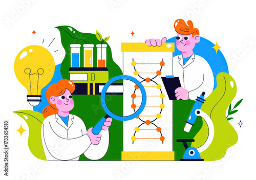 Enthusiastic scientists collaborate on groundbreaking DNA research examining genetic code with microscopes and lab equipment sparking innovation and discovery