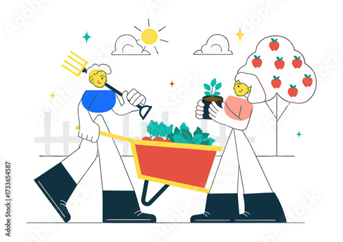Joyful gardeners harvesting fresh produce and planting seedlings under a sunny sky, embodying organic farming and sustainable living