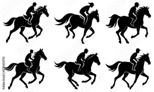 Silhouettes of horses with riders in various galloping poses in black and white