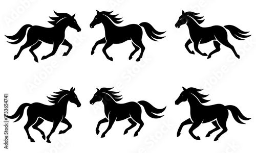 Six black horse silhouettes in various running poses on a white background