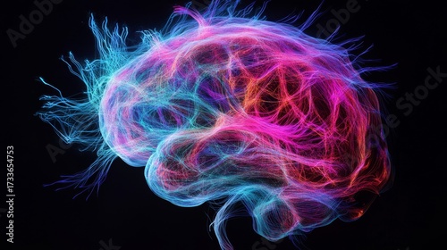 This vibrant image showcases a stylized brain illuminated by colorful light. The intricate patterns symbolize creativity and intelligence. A beautiful fusion of technology and art. Generative AI