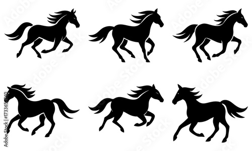 Silhouette illustration of six running horses in various poses and positions