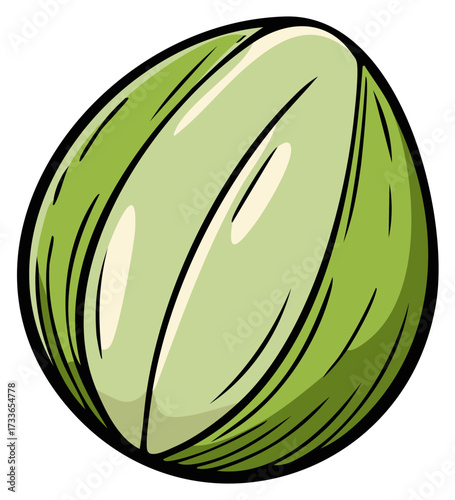 Cartoon illustration of a single green pistachio nut in a cracked shell, vector graphic isolated on a white background.