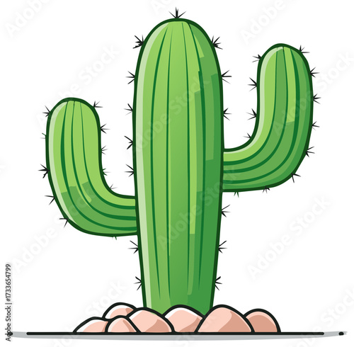 Cartoon saguaro cactus illustration with stones in green and black outline, desert succulent plant