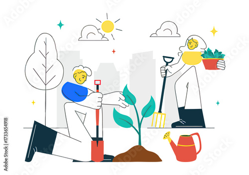 Joyful gardeners planting a vibrant sapling in an urban setting under a bright sun, symbolizing growth and community.