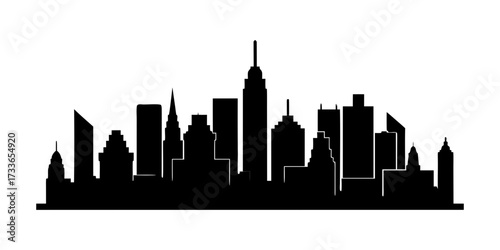 Silhouette of a city skyline with various skyscrapers and buildings against white