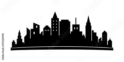 Silhouette of a city skyline with various building shapes and heights shown