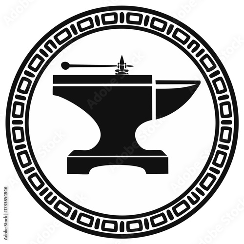 Blacksmith Anvil and Hammer Logo in Greek Key Circular Frame, Black and White Forging Tool Design, Craft Symbol, Retro Industrial Design