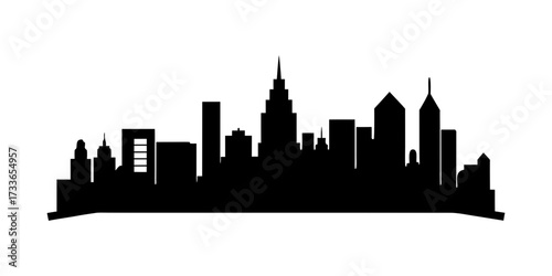 Silhouette of a city skyline with various buildings and skyscrapers against white