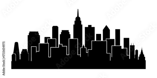 Silhouette of a city skyline with various buildings and skyscrapers in black color