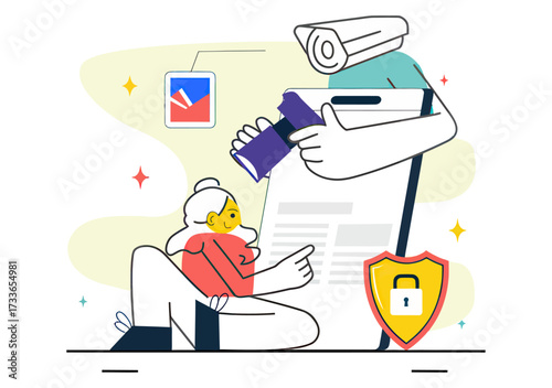 Confident user approving digital security measures with a stamp on a document, monitored by a surveillance camera, ensuring data protection and privacy compliance
