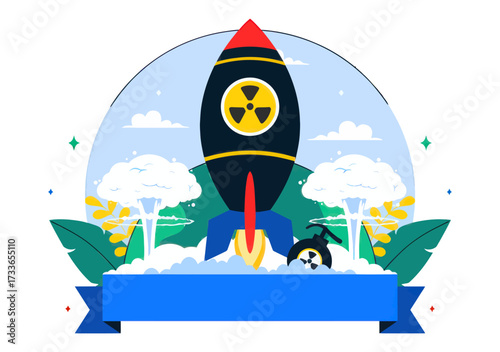 Dynamic rocket blasting off with nuclear symbol and exploding clouds, symbolizing powerful innovation and industrial progress for modern business ventures and future exploration