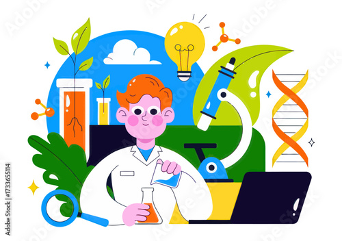 Enthusiastic scientist in lab coat conducting experiments with beakers and microscope, surrounded by DNA, lightbulb, and plants, symbolizing innovation and discovery.