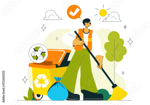 Dedicated cleaner tidying up with broom next to recycling bin and trash bag under bright sun, symbolizing environmental care and cleanliness initiatives
