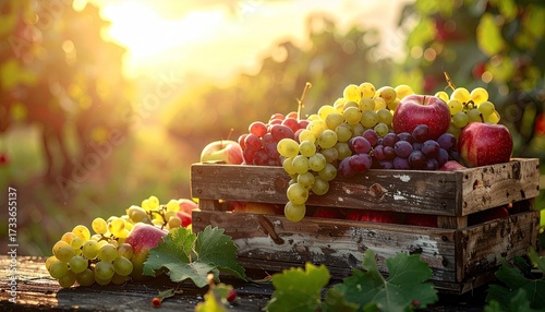 Abundant Harvest of Fresh Fruits in Wooden Crate at Vineyard During Golden Sunset