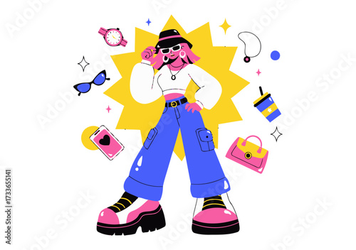 Vibrant, stylish woman radiating confidence and modern fashion, surrounded by trendy accessories and a dynamic yellow starburst for ultimate visual appeal.