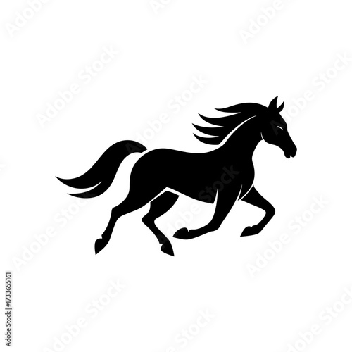 Silhouette of a horse galloping with its mane flowing in the wind on white background