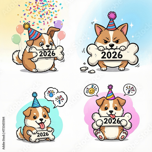 Happy Cartoon Dogs Celebrating 2026 New Year with Confetti and Sparkles with Copy Space