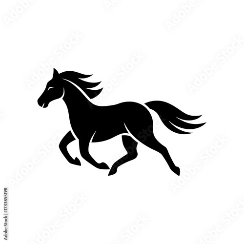 Silhouette of a majestic black horse galloping gracefully across a white canvas