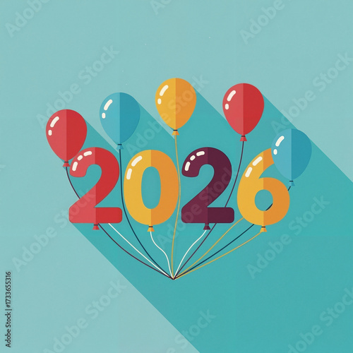 Colorful 2026 balloons in flat design style for new year celebration with copy space
