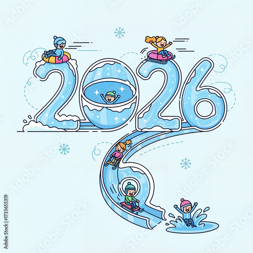 Stylized frozen 2026 digits with gleeful animated children sliding and frolicking in a wintry landscape, with copy space