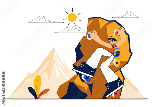 Dynamic climber conquers a steep rock face under a bright sun, symbolizing achievement, adventure, and reaching new heights with vibrant, modern style.