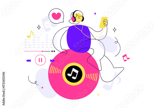 Vibrant character immersed in a world of music, headphones on, holding a smartphone, surrounded by notes and a dynamic equalizer, capturing the joy of digital sound.