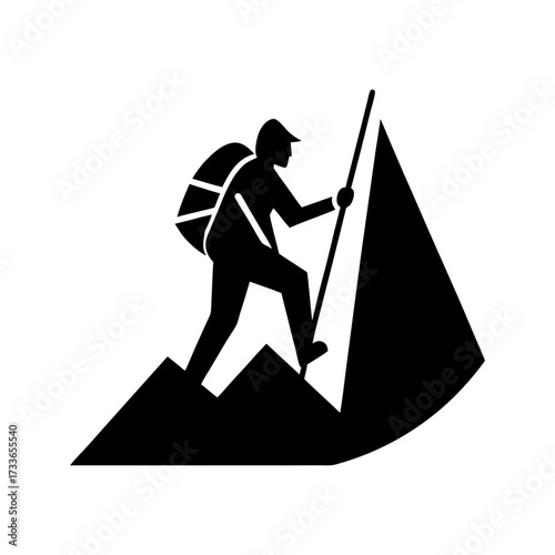 A hiker with backpack and pole climbing a mountain in black silhouette style art